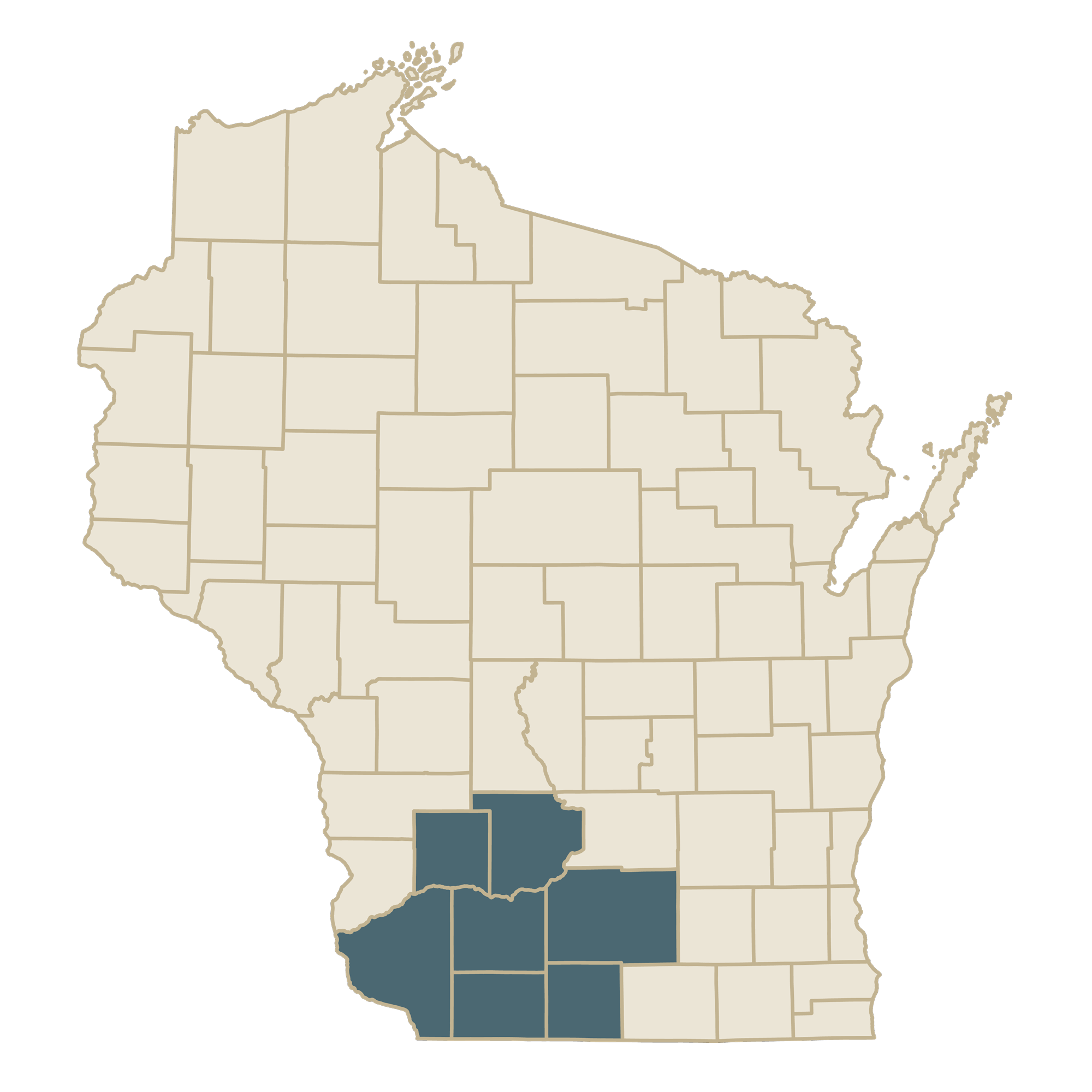 A map showing the Wisconsin counties that DALC serves.