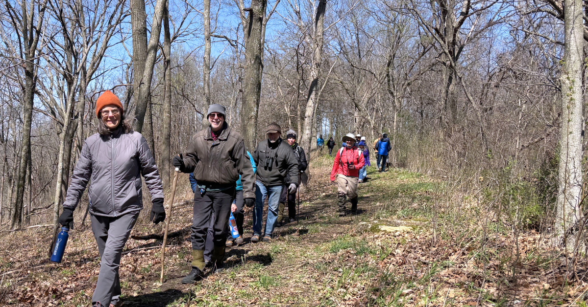 Hikers along the Welsh Hills Segment of the Driftless Trail.